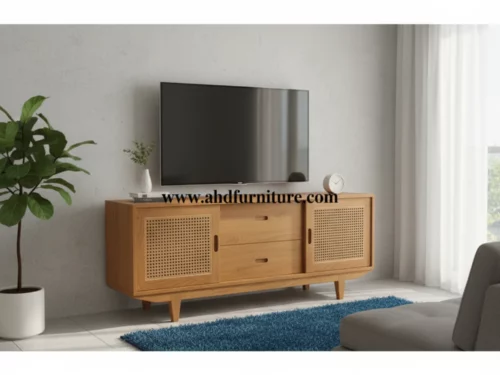 Mid-century modern Teak wood TV unit with woven cane cabinet doors, two central drawers, and tapered legs