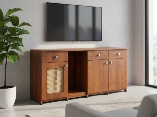 Contemporary TV stand with wood grain finish and unique cane woven cabinet detail on the left side