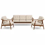 Front view of Toby 3+1+1 teak wooden sofa set, one 3 seater and two 1 seater chairs