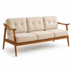 Toby 3 seater teak wooden sofa with tufted beige cushions and curved wooden arms