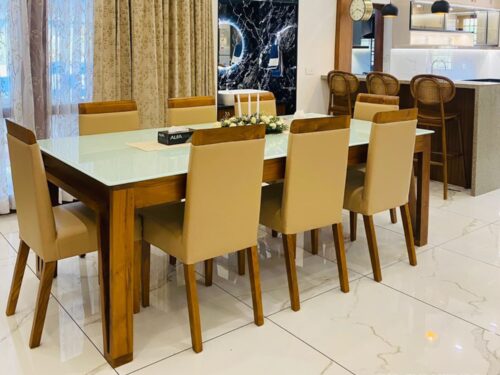 Viro Glass Top Dining Table Set In Teak Wood