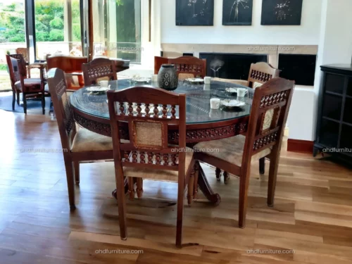 Glass Top 6 Seater Round Dining Table Set With Carving In Teak Wood