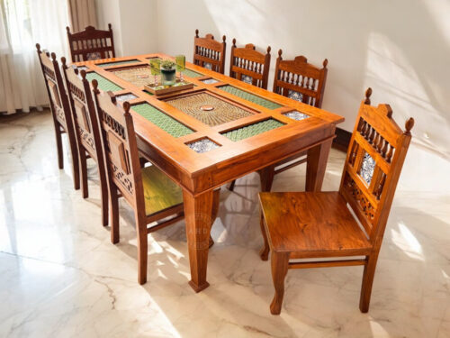 Belgium Glass Design With Cane and Tile Work Dining Table 8 Seater In Teak Wood