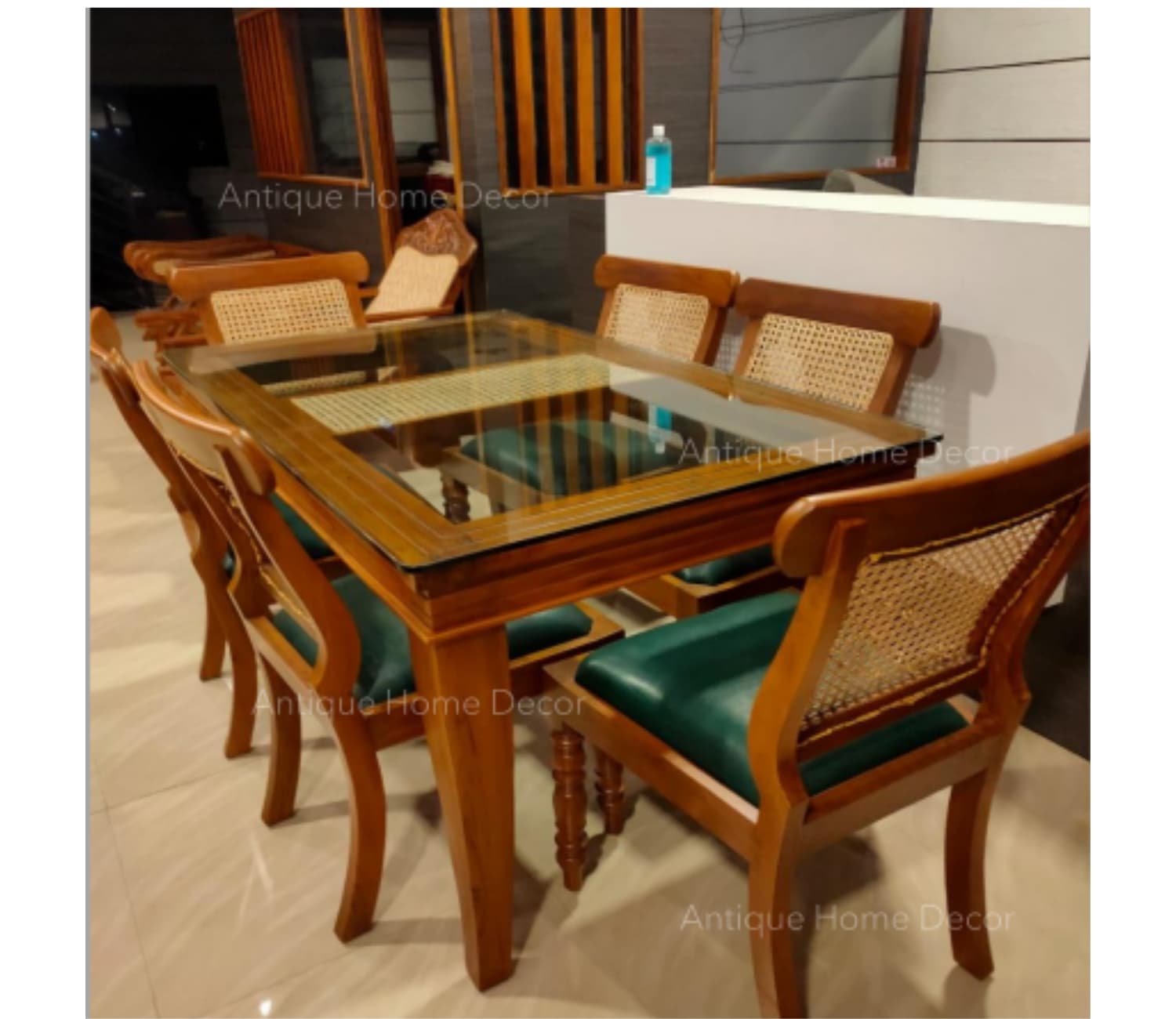 Amaze Plain Glass Top With Central Cane Work Dining Table In Teak Wood