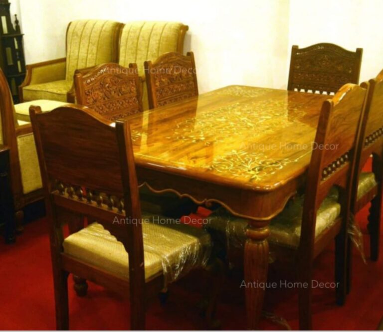 Mother Of Pearl Inlay Work With Carving Leg Dining Table In Teak Wood