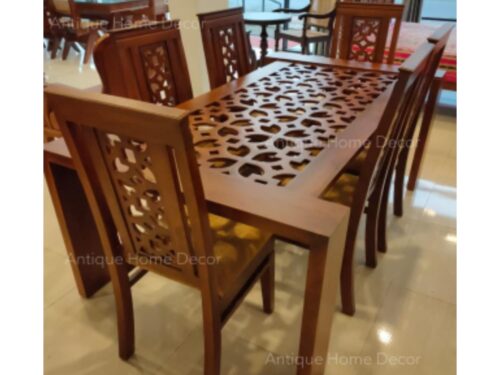 Glass Top Dining Table With Groove Cut Work In Teak Wood