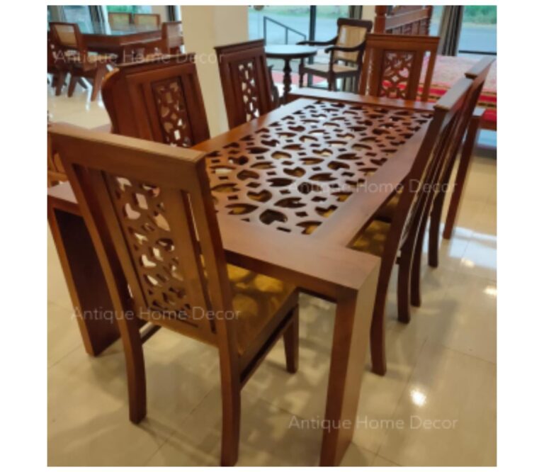 Glass Top Dining Table With Groove Cut Work In Teak Wood