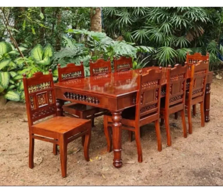 Plank Top Dining Table In Teak Wood With Tile Work And Kadachil Leg In Teak Wood