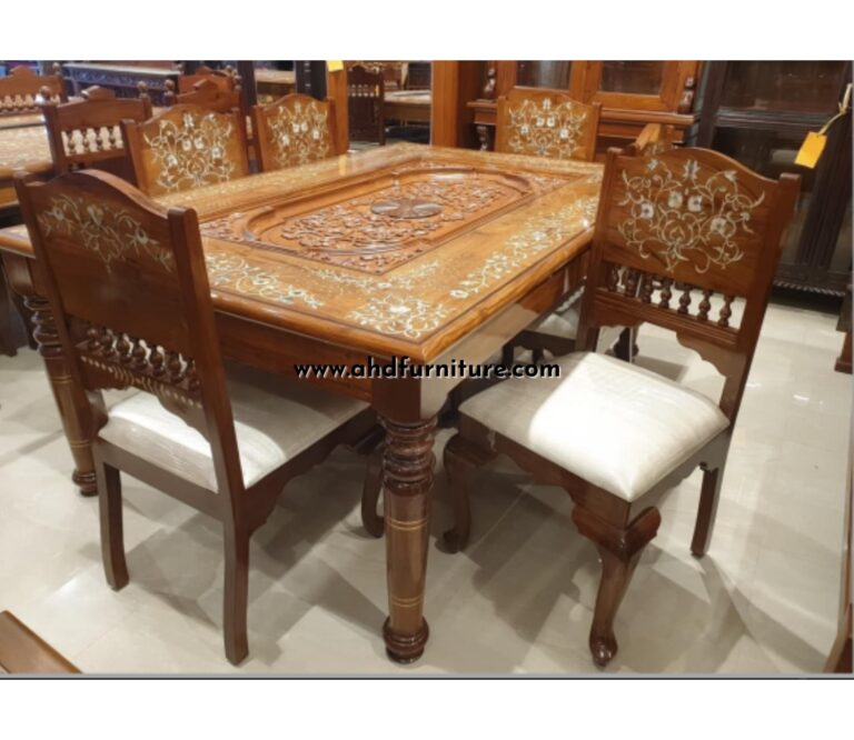 Center Flower Carving And Mother Of Pearl Inlay Work Dining Table In Teak Wood