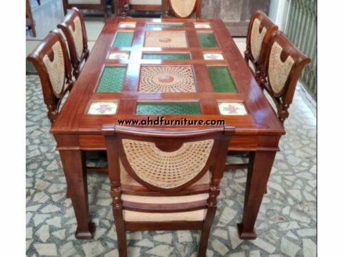 Belgium Glass Design With Cane and Tile Work Dining Table In Teak Wood