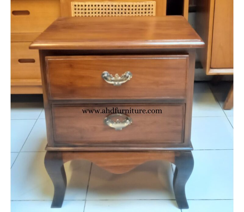 Traditional Bed Side Table With 2 Drawers In Teak Wood