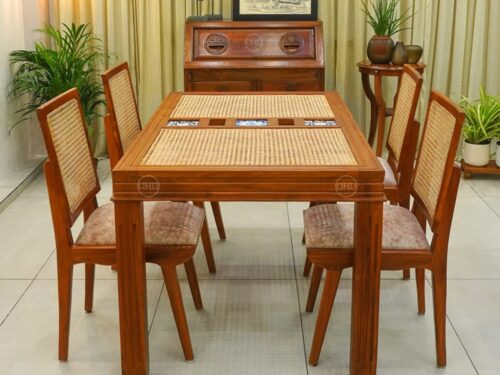 Glass Top Dining Table With Cane And Chettinadu Tile Work In Teak Wood