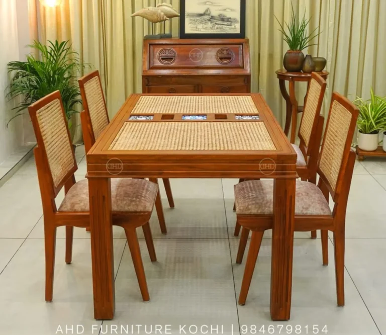 Glass Top Dining Table With Cane And Chettinadu Tile Work In Teak Wood