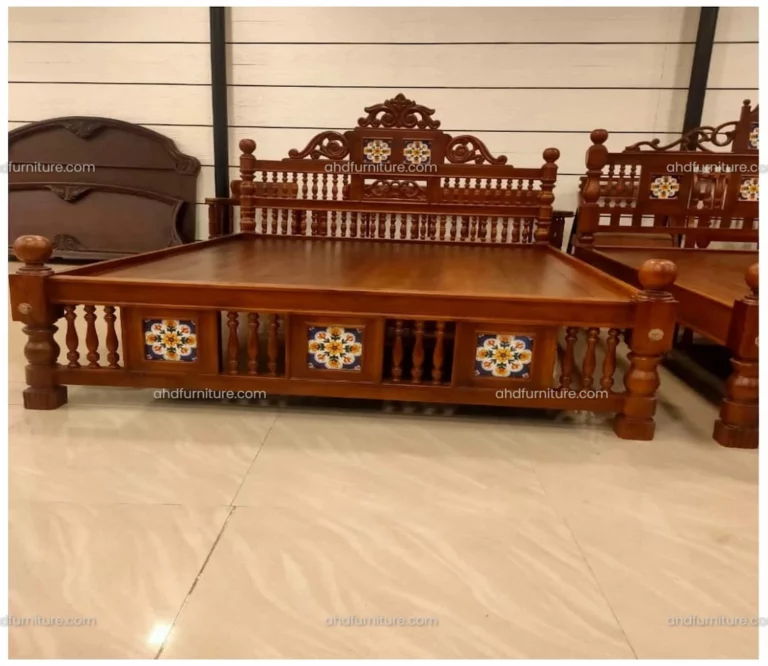 Cot Head Kadachil Work with Tile Double Size Bed in Rosewood