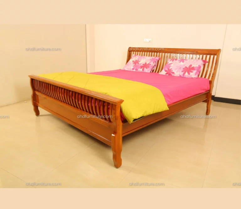 Cot Head Slopped Reaper Work Double Size Bed in Mahogany Wood