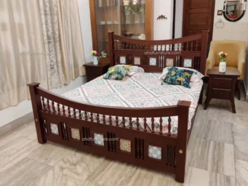 Simple Kadachil work with Tile King Size Bed in Mahogany Wood