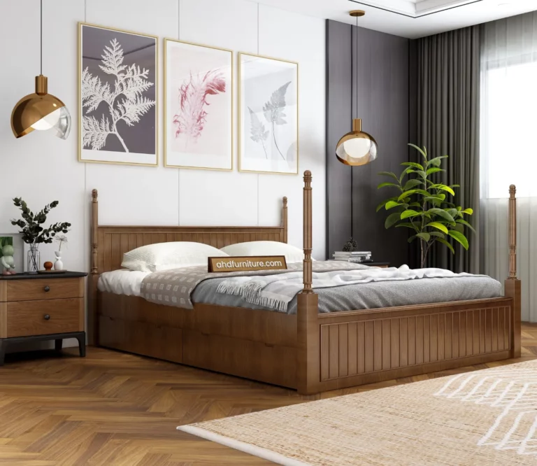 Tehran Queen Size Poster Bed With Storage In Acacia Wood