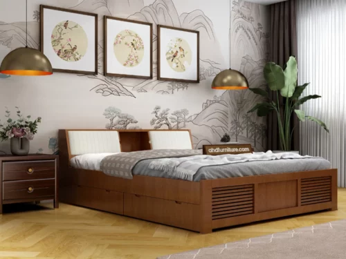 Iris King Size Bed With Full Storage In Teak Wood