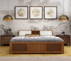Iris Queen Size Bed With Full Storage In Teak Wood
