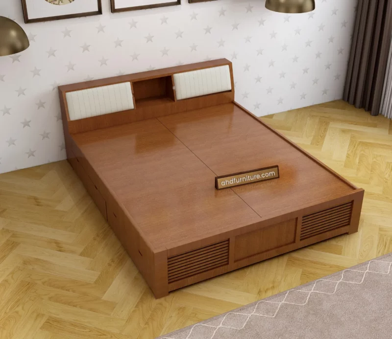Iris Queen Size Bed With Full Storage In Teak Wood