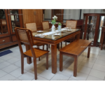 Art Glass Top Wooden Dining Table Set with Bench and 4 Chairs In Teak Wood