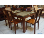 Art Glass Top Wooden Dining Table Set with Bench and 4 Chairs In Teak Wood - Image 3