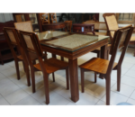 Art Glass Top Wooden Dining Table Set with Bench and 4 Chairs In Teak Wood - Image 2