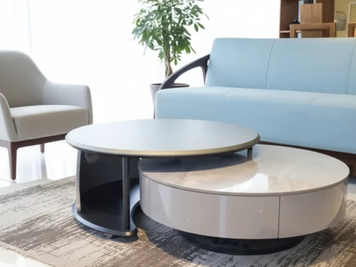 Modern nested coffee table set with glossy light grey and matte black circular tops