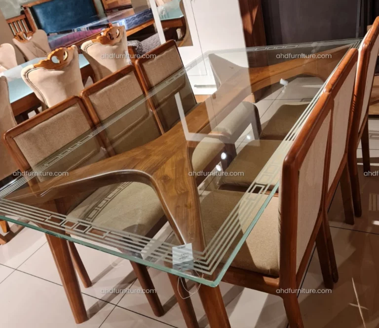 Lewis Glass Top 6 Seater Dining Table Set in Teak Wood
