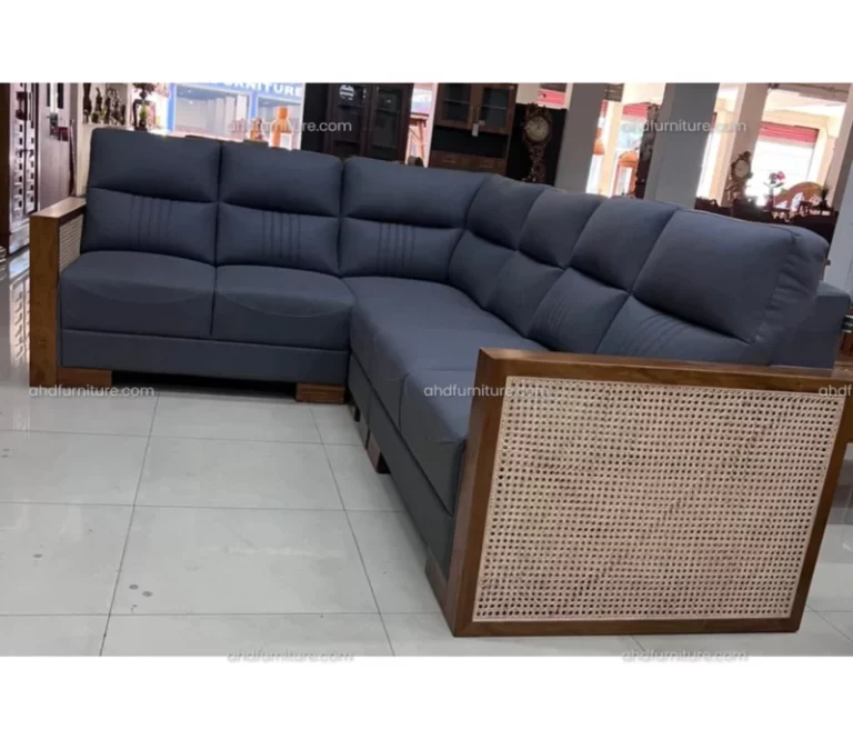 Tesla Corner Fabric Sofa Set With Cane Work In Teak Wood