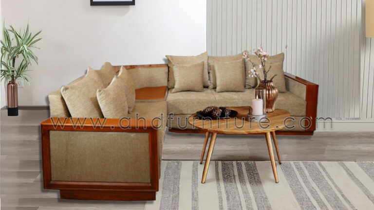 Corner Fabric Sofa With Cushion In Teak Wood