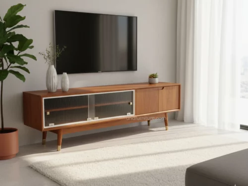Retro wooden media console with fluted glass and elegant brass accents.