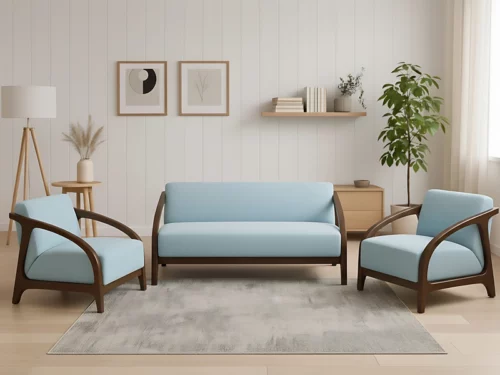 Madrid Wooden Sofa, Blue Fabric Upholstery, High Density Spring Cushion, Handcrafted
