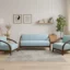 Madrid Wooden Sofa, Blue Fabric Upholstery, High Density Spring Cushion, Handcrafted