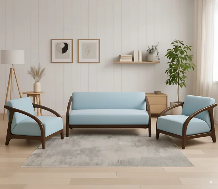 Madrid Wooden Sofa, Blue Fabric Upholstery, High Density Spring Cushion, Handcrafted