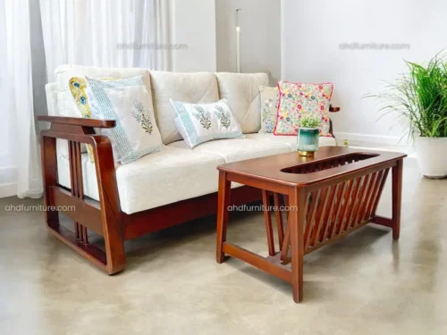 Rapa Wooden Sofa Set, Rool Grill work on rest side, chester design on back side fabric, off white suede fabric