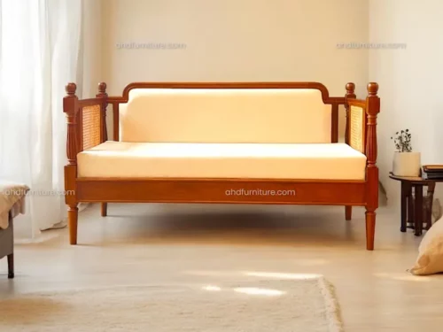Shelby 3 Seater wooden Sofa, Teak Wood, Cane weaving on side, Wooden carving work on front, Beige colour suede fabric
