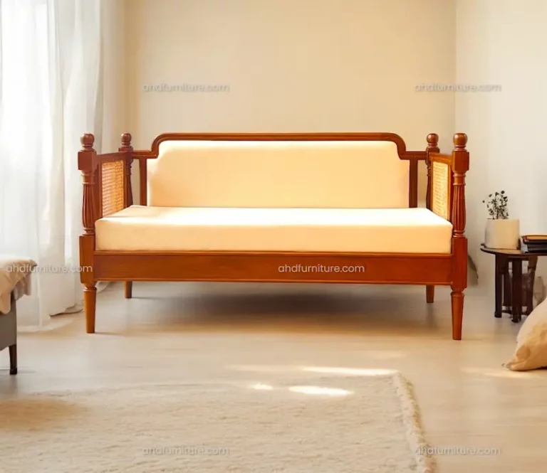 Shelby 3 Seater wooden Sofa, Teak Wood, Cane weaving on side, Wooden carving work on front, Beige colour suede fabric