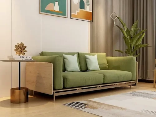 A contemporary sofa set with one three-seater and two single-seaters, featuring a sleek and modern design with wooden panel sides and intricate wooden detailing on the bottom. This set offers exceptional back and seating comfort.