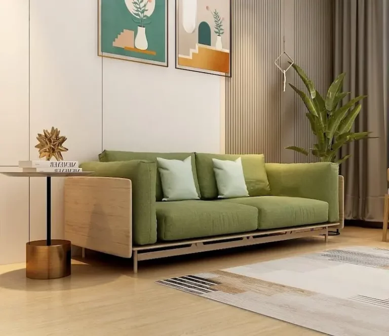 A contemporary sofa set with one three-seater and two single-seaters, featuring a sleek and modern design with wooden panel sides and intricate wooden detailing on the bottom. This set offers exceptional back and seating comfort.