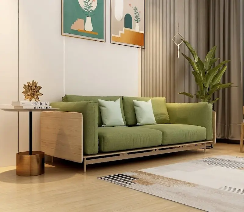 A contemporary sofa set with one three-seater and two single-seaters, featuring a sleek and modern design with wooden panel sides and intricate wooden detailing on the bottom. This set offers exceptional back and seating comfort.