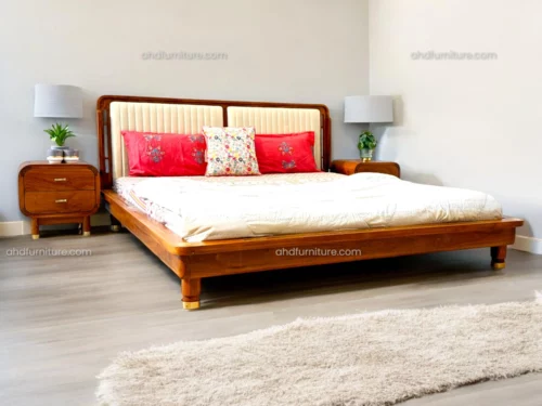 Lauren Wooden King Size Bed With Fabric Head Board In Teak Wood