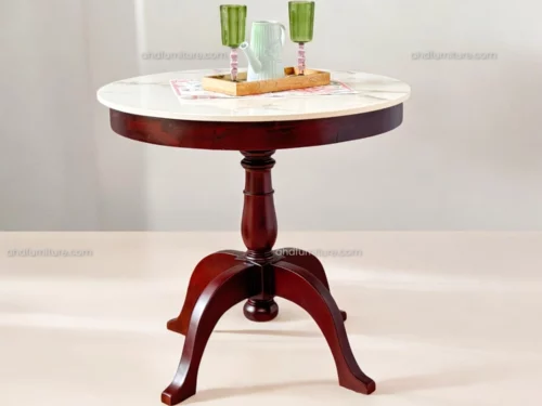 Round Coffee Table with Artificial Marble on Top In Mahogany Wood