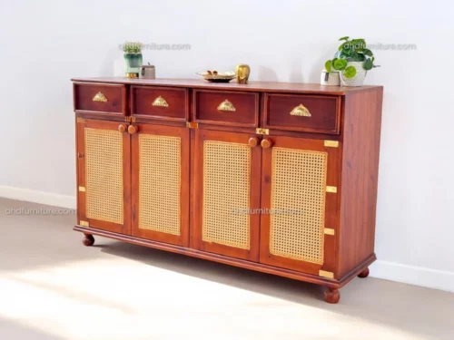 Buffet Table With Cane Work In Mahogany Wood