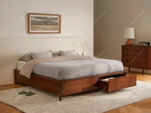 Julia Contemporary Low Floor teak wood Queen Size Bed With Storage