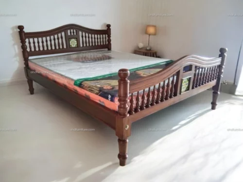 Rose King Size Wooden Cot With Tile In Teak Wood