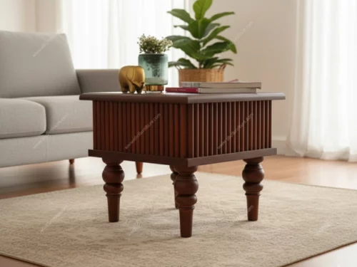 Rectangular teak wood coffee table with vertical fluted sides and turned legs