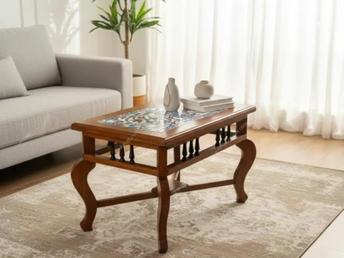 Wooden coffee table with curved legs, teak and kadachil rosewood frame, and colorful handmade Athangudi tile inlay on top