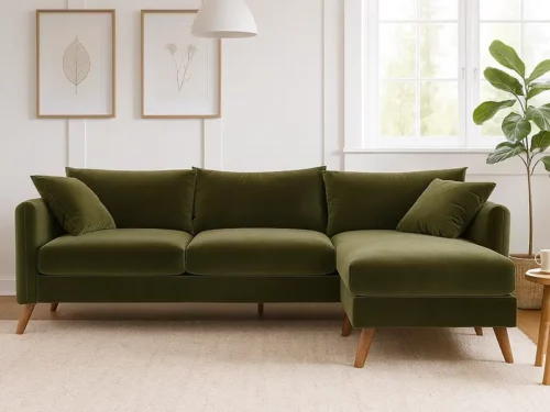 Emerald L-Shaped Sofa, Velvet, Green Colour