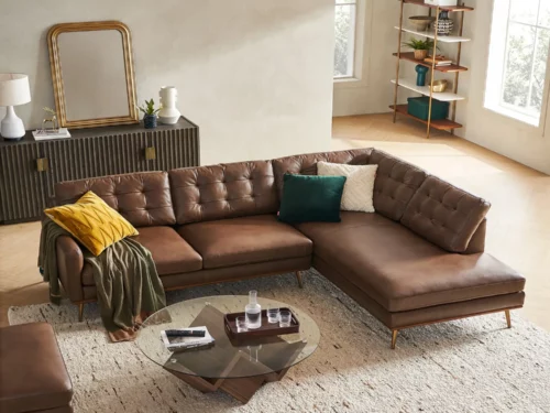 Cocoa Luxe Premium L-Shaped Leatherette Corner Sofa – Sectional in Brown with Tufted Backrest